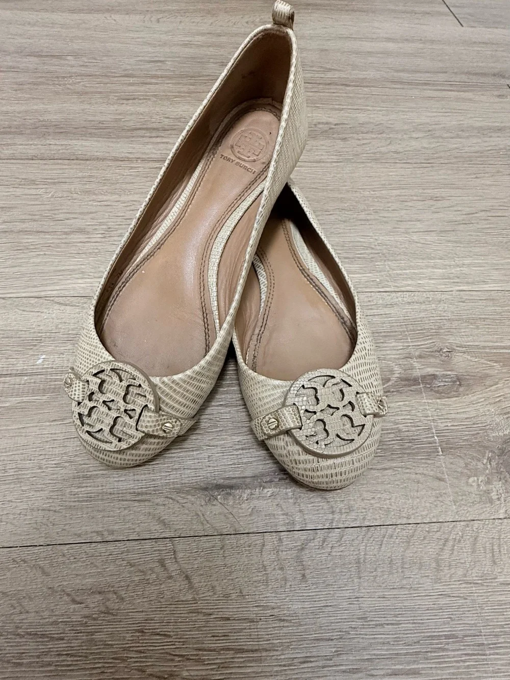 Tory Burch Neutral Beige Woven Logo Ballet Flats